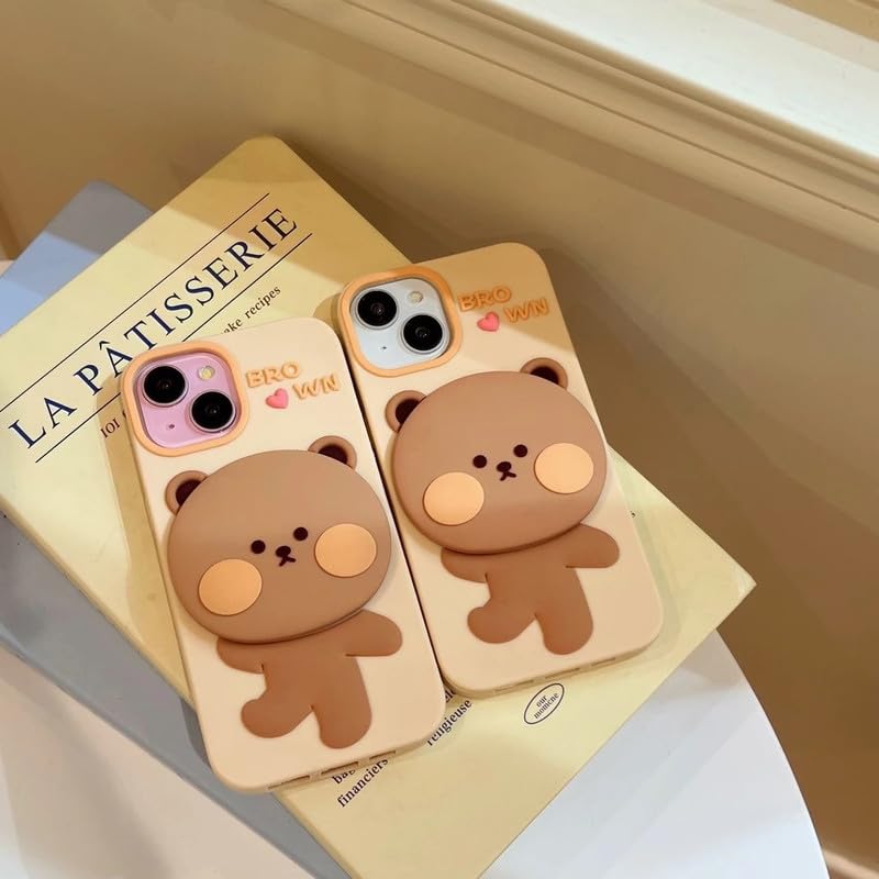 Image of COVERLY for iPhone 15 3D Teddy Bear Mirror Cartoon Stand Case,Premium Silicone Case Full Protective Cute Feel Love with Phone Holder Cool Makeup Mirror Cute Kawaii Aesthetic Cover for Apple iPhone 15