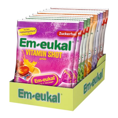 Em-eukal Lieblingssorten Mix Pack 5 Sorten Hustenbonbons zuckerfrei und zuckerhaltig mit Vitamin C Honig Eukalyptus Wildkirsche & Frucht 10 x 75g 2 Beutel pro Sorte