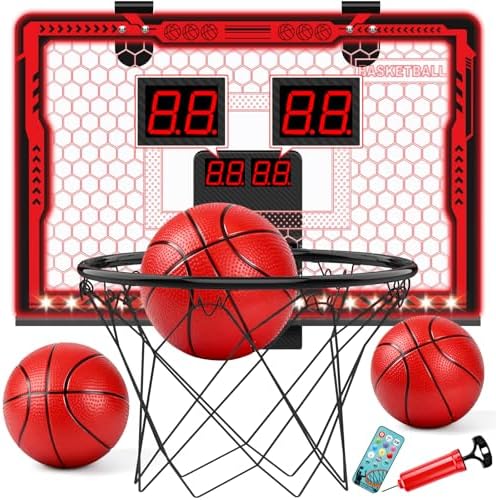 Indoor Basketball Hoop for Kids, Remote Control Basketball Hoop Indoor with Electronic Scoreboard/7-Color LED Lights/2 Modes/3 Balls, Foldable Design, Cool Basketball Gifts for Boys 8-12 (Red)