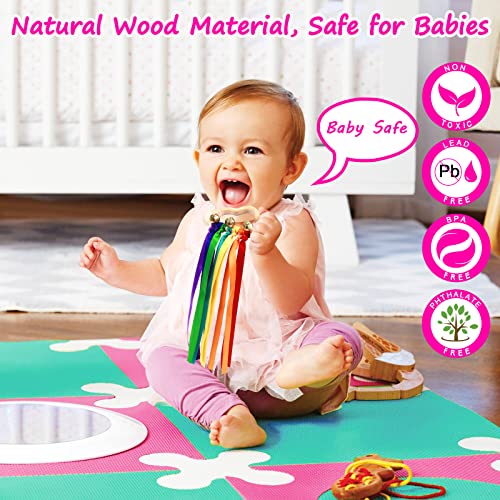 Baby Sensory Ribbon Ring Toys - 2Pcs Rainbow Ribbon Rattle Natural Wooden Ribbon Ring Molar Wood Circle Newborn Teether Sensory Montessori Toy For 6-12 Month Babies Toddler #TOP5