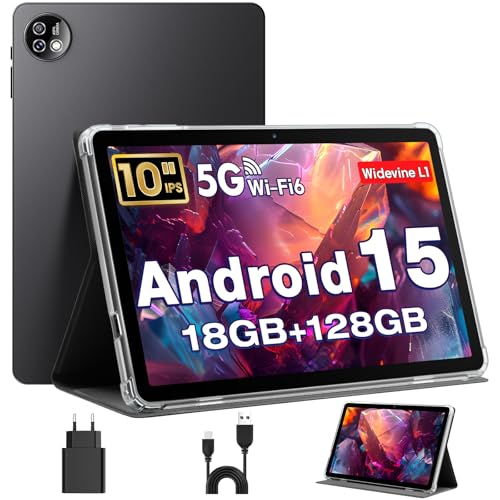 Tablet 10 Pulgadas, Tableta Android 15 con Funda, Unisoc T30 Quad Core, 18 GB RAM + 128 GB ROM + 1 TB TF, Pantalla HD IPS 1280x800, Cámara Dual 5MP + 8MP, 6000 mAh, WiFi 6, BT 5.0, Widevine L1, K30
