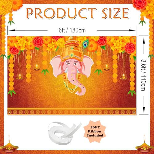 Image of Avezano Indian Pooja Traditional Backdrop Indian Religious Festival Marigold Banner Orange Flower Marriage Hindu Curtain Bridal Shower Wedding Party Decorations Banner (6x3.6ft)