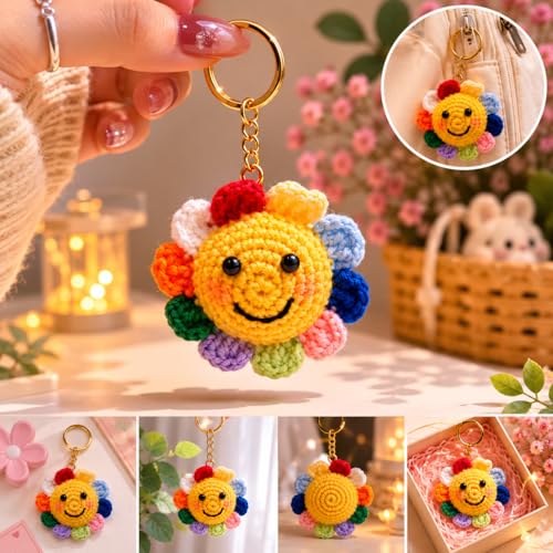 Image of Handmade Crochet Sunflower Keychain for Women & Girls, Cute Yellow Flower Key Ring Charm, Soft Yarn Knitted Gift, Bag Charm, Car Key Holder, Aesthetic Handmade Floral Accessory