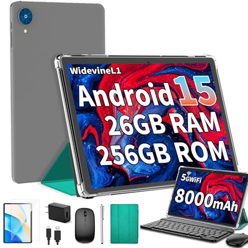 Image of YLEEBG Android 15 Tablet with Keyboard, 26GB+256GB(2TB Expand), 10.1 Inch Tablet 8000 mAh Battery, BT 5.0, 5G WiFi, Widevine L1, Dual Camera, 2 in 1 Tab with Mouse, Case, Stylus(Green Case)