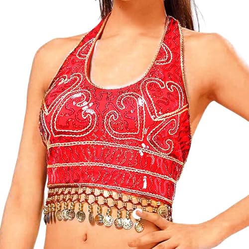 Generisch Top de encaje para mujer, con lentejuelas, para danza del vientre, camiseta de tirantes con cuello alto, rojo, Talla única