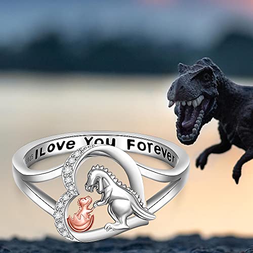 Fenthring Dinosaur Ring Heart Mothers Day Dino Rings for Women Friendship Sterling Silver I Love You Forever Animal Jewelry Band Gifts Size 6 7 8 9 104