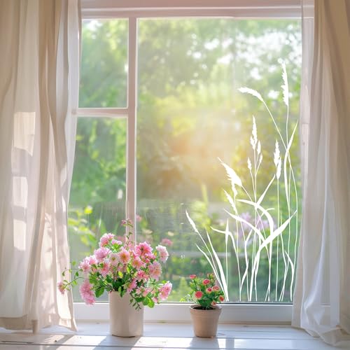 Wandtattoo Loft Fensterbild weißes Schilf Zweige Gräser Rahmen wiederverwendbar natur Fensteraufkleber Fensterdekoration Frühling Terrassentür, A4 Bogen
