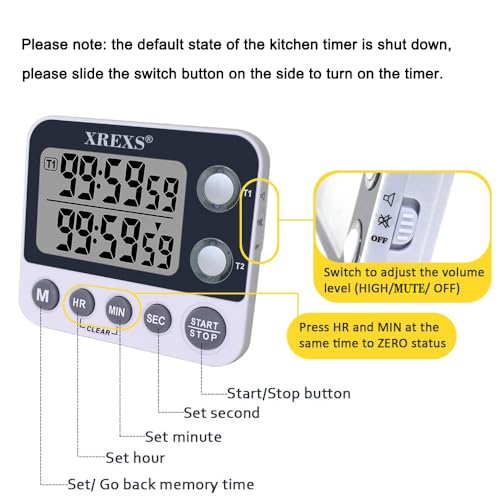 XREXS Dual Kitchen Timer, Digital Timer, Timers for Cooking, Loud Alarm, Memory Time, Timer for Kitchen/Meeting/Class (Battery Included) - Image 4