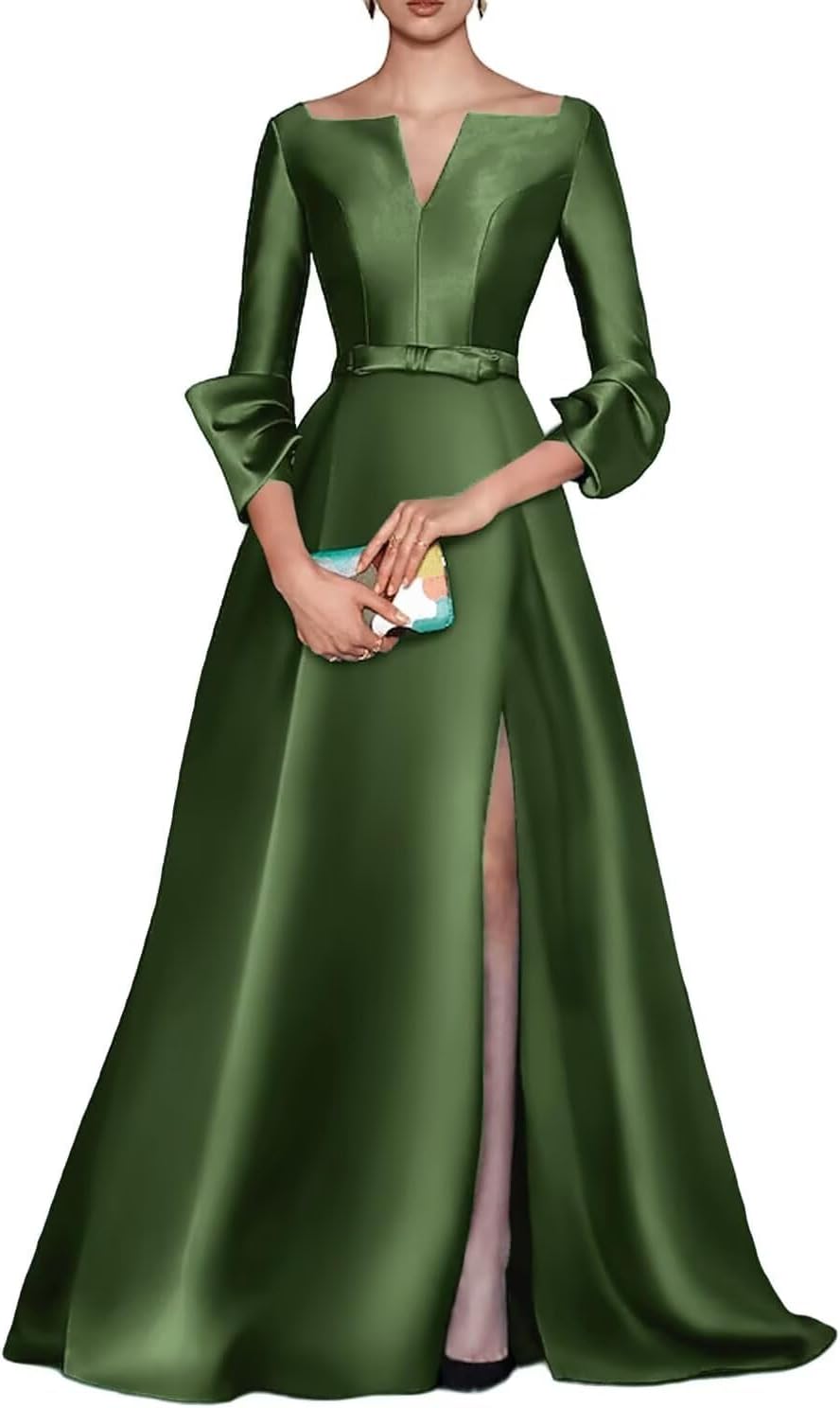 Women Satin V Neck Mother of The Bride Dresses for Wedding Long A Line Elegant Evening Gown with Slit