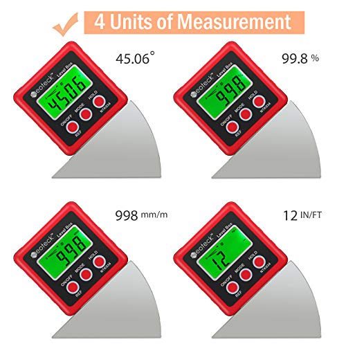Image of Neoteck Digital Angle Finder, Backlight LCD Digital Angle Gauge Protractor Inclinometer Bevel Box, Magnetic Base, Data Hold, IP54 Dust and Water Resistant- Red