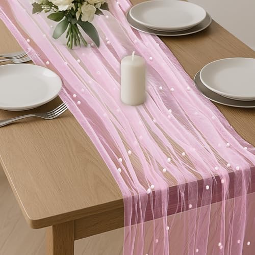 LIQWEI Chemin de table en tulle avec perles roses, 3 m, décoration d'arcs de mariage, mariés,...