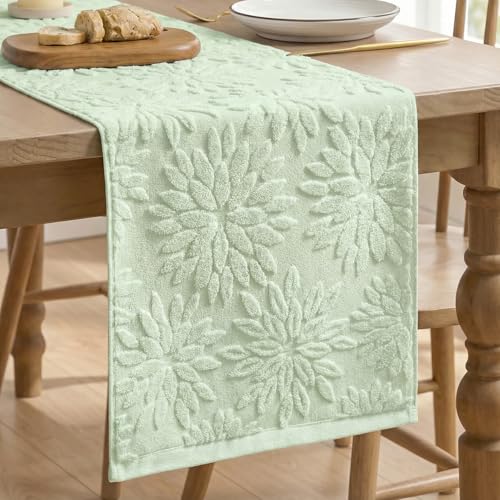 Artoid Mode Sage Green Soft 3D Jacquard Dahlia Floral Pinnata 100%Cotton Spring Table Runner, Holiday Kitchen Dining Table Decoration for Home Party Decor 13x72 Inch
