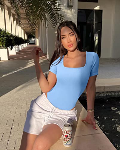 Image of OQQ Women's 2 Piece Bodysuits Sexy Ribbed One Piece Square Neck Short Sleeve Bodysuits