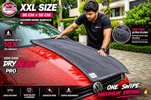 Image of DryBeast 1200 GSM XXL Premium Microfiber Cloth for Car & Bike | 80 x 50 cm | Ultra Plush, Super Absorbent & Scratch-Free Drying Towel | Safe for Paint, PPF, Ceramic Coating & Glass