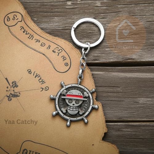 Image of One Piece Anima Manga Pirate Flag Logo Wheel Rotating Heavy Metal Keychain,|Anime Key ring| Perfect Keychain For Anime Lover|car Bikes Gold & Grey Combo pack
