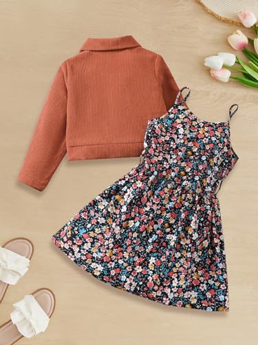 Girls Dress Set 2 Piece Floral Pattern Spaghetti Strap Dress and Long Sleeve Front Button Top Set for Girl 4-7 Years2