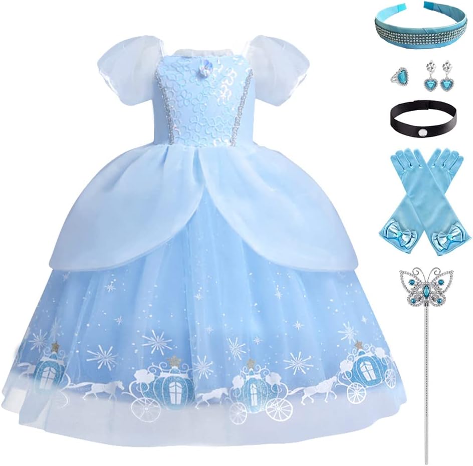 ODIZLI Little Girls Princess Dress Up Clothes Butterfly Tulle Long Ball Gown+Accessories Birthday Party Halloween Costume 3#blue 2-3T