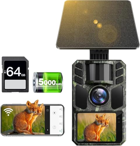 FKPCAM Trail Camera 4K 64MP Solar WiFi Game Hunting Camera with Night Vision– Built-in 5000mAh Battery, IP67 Waterproof, Motion Activated, 64GB Memory Card