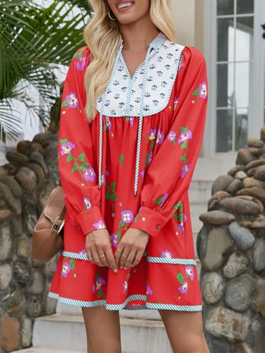 Image of Wenrine Womens Casual Floral Mini Dress Fall Long Sleeve V Neck Patchwork Loose Boho Shirt Dresses