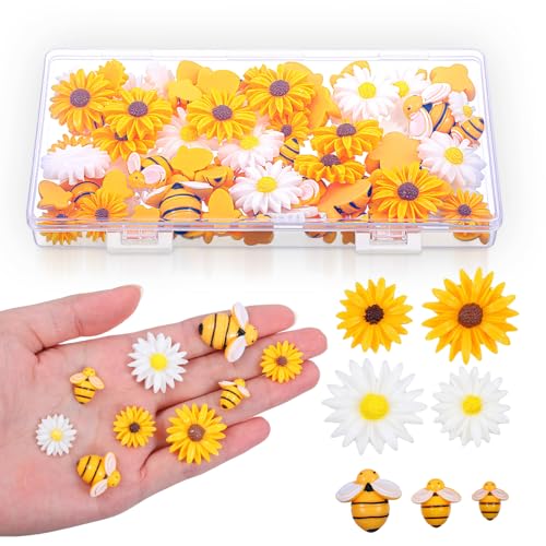 80 Pcs Flatback Bumble Bee Sunflowers Embellishments Resin Bees Daisy Flowers Decor Bees Craft Charms with Box for DIY Crafts Scrapbooking Party Home Decorations