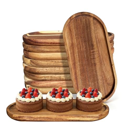 FufuHalo 10 Pcs Acacia Wood Serving Trays, Natural Wooden Plates for Food, Small Charcuterie Boards, Wood Platters for Appetizers, Desserts, Breakfast in Bed