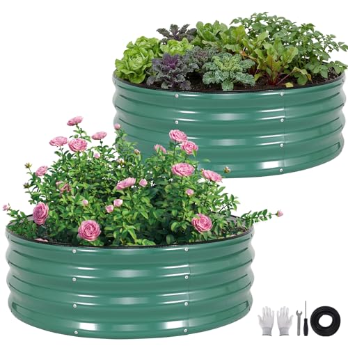 ZORMY Galvanized Raised Garden Bed Outdoor Round Metal Planter Boxes 2 Pcs 3x3x1ft Steel Raised Bed Kit for Planting Vegetables Fruits Flowers(LotusGreen)