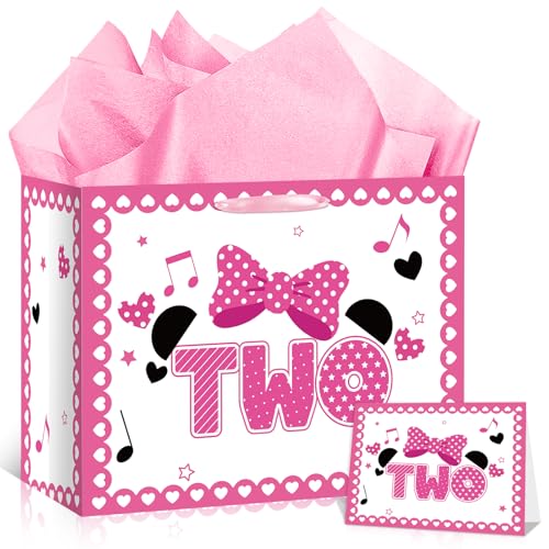 Cartoon Mouse 2nd Birthday Gift Bag with Tissue Paper and Card Pink White Bow 2nd Birthday Wrapping Paper Bags Large Two Years Old Party Favor Bags for Baby Girls 2 Year Old Party Supplies Decorations