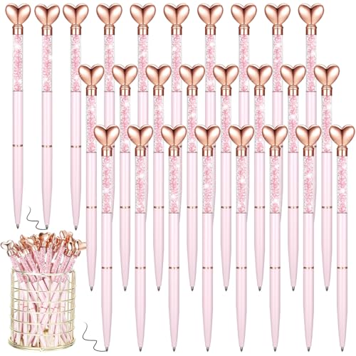 Hushee 24 Pcs Heart Pens Bulk Glitter Retractable Metal Ballpoint Pen with Black Ink Diamond Crystal Bridal Shower Gift for Coworker Office Staff School Classroom Wedding(Pink)