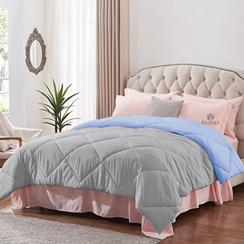 Image of Filbert - Single Bed Comforter for Winter 300 GSM Reversible Microfiber Soft & Cozy Diamond Stitch Quilt (60 inch x 90 inch Inches /152cm x 228cm) - Comforter Single Bed|Silver /Sky Blue
