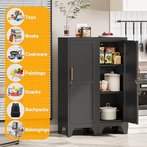 Image of 46 inchH Black Metal Locker Set of 2,Small Locking Cabinet with 1 Door and 2 Adjustable Shelves For Employees,3 Tier Small Storage Cabinet with Detachable Legs for Kitchen, Office,School,Gym,Easy Assembly