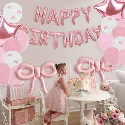 Image of Bow Party Decorations Pink Happy Birthday Balloons Banner Pink Birthday Decorations Bow Balloons for Women Girls Birthday Decor Party Supplies
