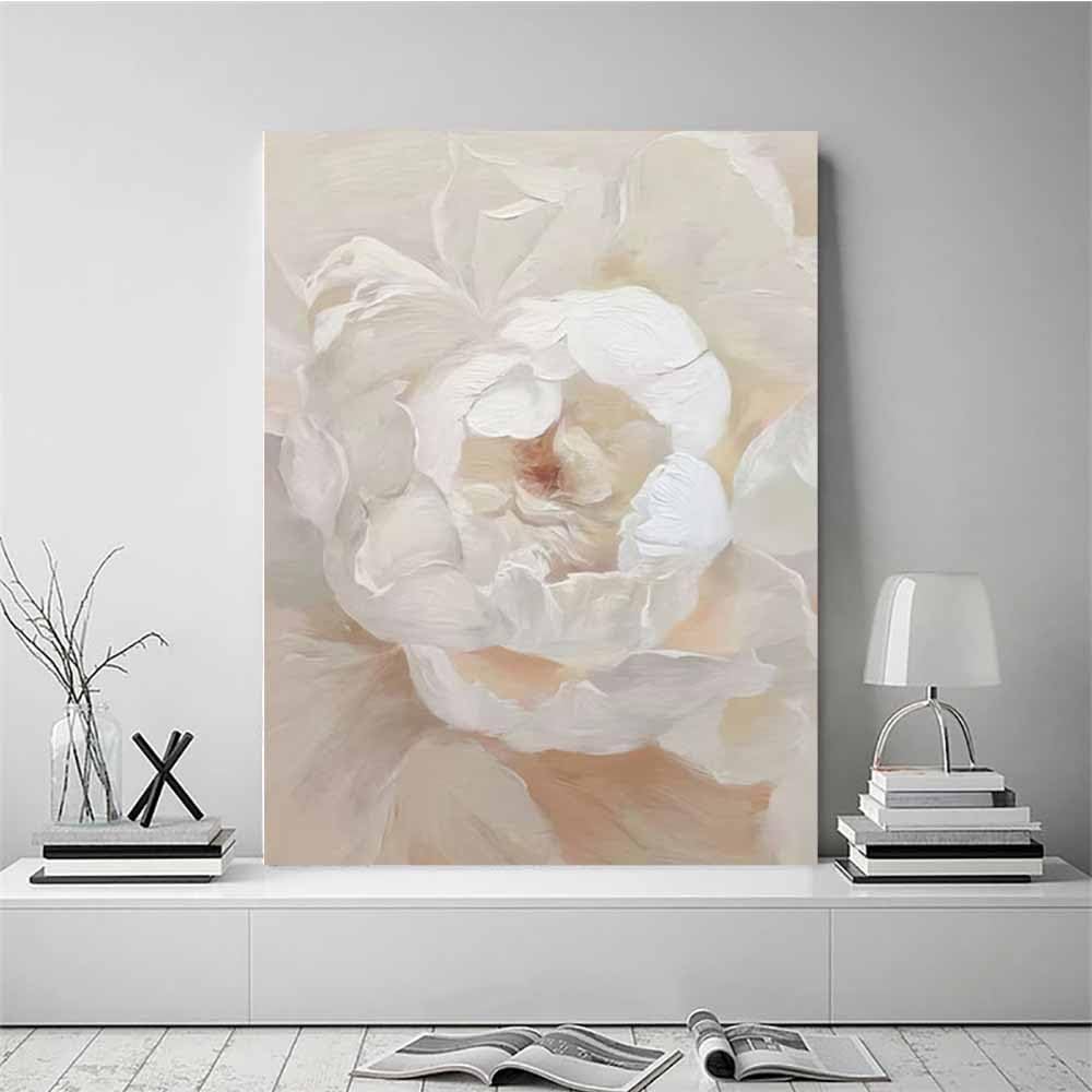 QUSAAOU Abstrakt Kunst Creme Elfenbein Weiße Pfingstrose Blume Wandkunst Drucke,Leinwand Wandbilder,Moderne Wohnzimmer Wanddeko Abstrakte,Boho Schlafzimmer BüRo(Ivory)-50x70cm Gerahmt