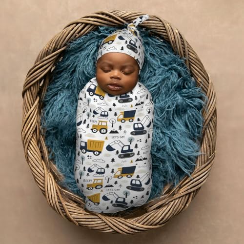 Image of Cars Truck Tractor Newborn Swaddle Blankets Hat Sets Soft Baby Receiving Blanket Swaddle Sack for Baby Shower Infant Boy Girl Gift