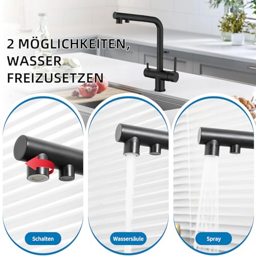 Zeffrary 3-Wege-Küchenarmatur, 360° drehbarer Mischbatterie, Spültischmischer mit flexiblem Auslauf, Küchenspüle Wasserhahn für kaltes und warmes Wasser und Filter schwarz