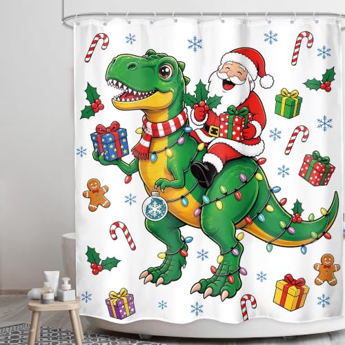 Image of Christmas Dinosaur Merry xmas Funny Santa Bathroom Shower Curtain Set
