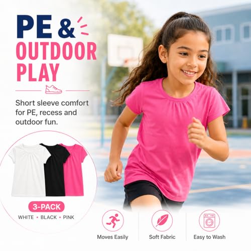 Image of Bienzoe Plain Solid Girls T-Shirts: School Basic Tee 3-Pack | Short Sleeve, Ages 4-13, PE, Recess, Outdoor Play, Soft Cotton Blend, Breathable Quick-Dry, Easy Care, Easy to Mix and Match