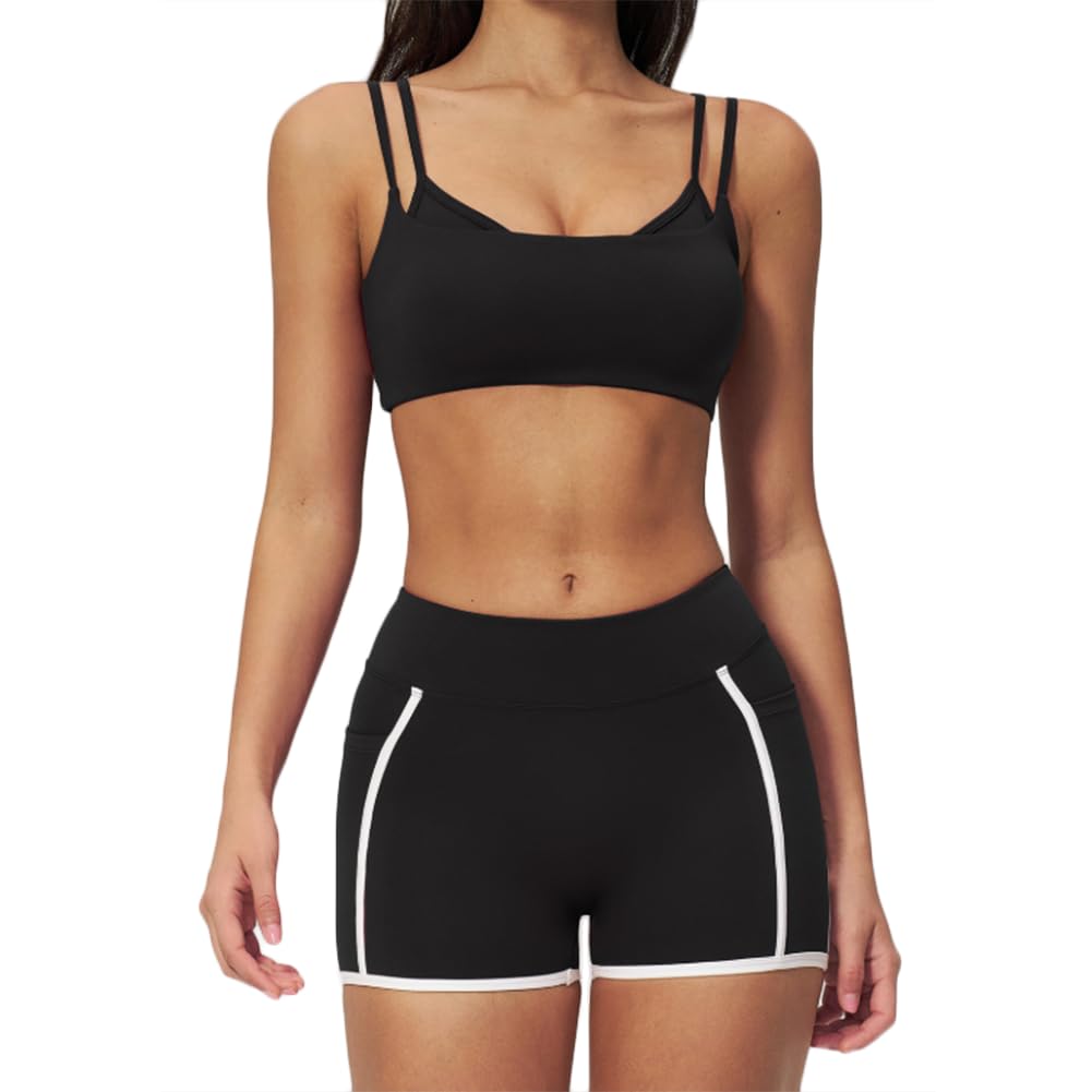 JPXJGT Women's Sports Bra Workout Shorts Set High Elastic Gym Fitness Wear Breathable Lightweight Yoga(Size:M,Color:Black)