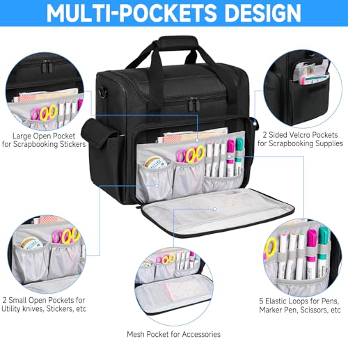 Image of Craft Bag for Scrapbook Supplies, Large Scrapbook Tote with 15.6'' Laptop Sleeve, Art Supply Storage Bag with Multiple Pockets for Scrapbooking Tools, Black