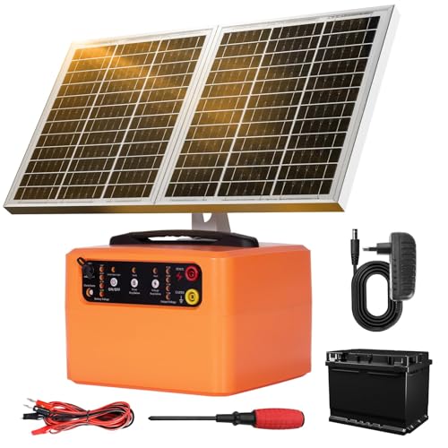 48KM Solar Pastor Electrico con Batería, 6KV-12KV pastor electrico Cerca eléctrica Controlador, 0.3-1.5J Cerca eléctrica Pastor para Cría de animales pastores, para Granja Pastar Jardín (Orange)