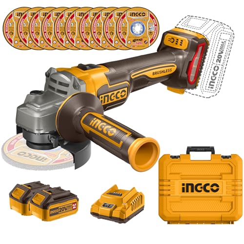 INGCO Meuleuse d'angle sans Fil 20V, Moteur sans Balais, 3000/6000/ 9000 tr/min, Ø115mm M14, avec 2...