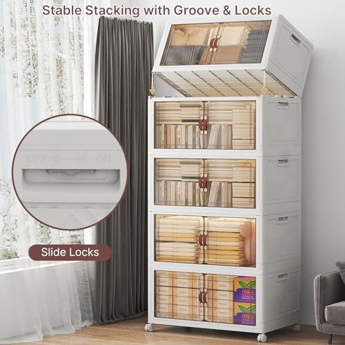 Image of UAMFURI Stackable Storage Bins with Lids, 600QT Lockable Storage Cabinet | Folding Storage Box with Doors and Wheels, Collapsible Plastic Drawers for Home, Garage, Office