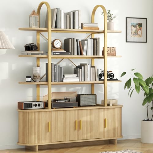 Gyfimoie 4 Tier Bookshelf,Fluted Arched Bookcase with Storage Cabinet & Sliding Tambour Doors,Mid Century Modern Curved Bookcase Cabinet,Wide Bookshelf for Living Room,Bedroom,Home Office