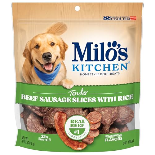 Milos Kitchen Homestyle Dog Treats Beef Sausage Slices 10 Ounce High Protein No Artificial Flavors