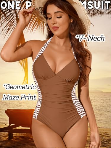 Women's Halter Tummy Control Swimsuit, Modest V-Neck Slimming Color Block, One Piece Summer Vacation Bathing Suit2