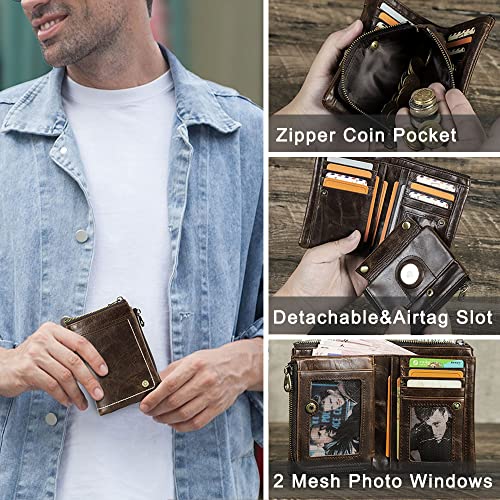 Contacts Leather Wallet for Men Small Bifold RFID Purse Brown Zipper Vintage Removable AirTag Coin Pocket Card Holder with Photo Window2
