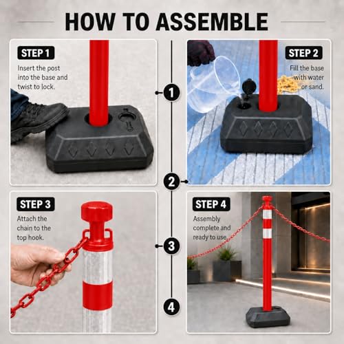 Image of 6 Pack Traffic Delineator Post Cones with Chain Stanchion,Red Crowd Control Safety Barrier Posts with Water Filled Base for Traffic Control, Parking Lots and Event Management (Red)