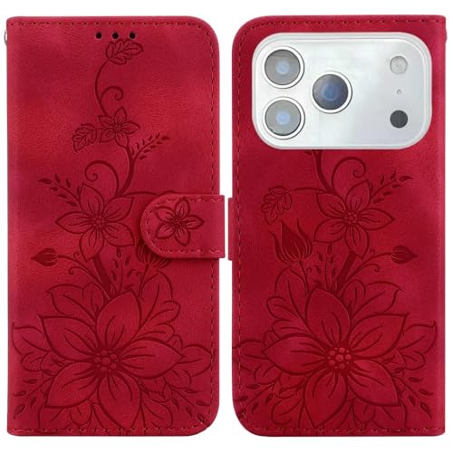 Étui portefeuille iPhone 12 Pro Max rouge avec motif floral pour protection intégrale