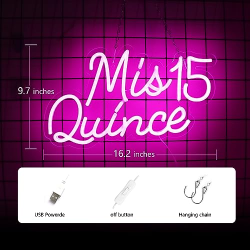 Image of Mis 15 Quinceanera Neon Signs for Wall Decor Neon Lights for Bedroom Led Signs Suitable for Quinceanera Christmas Birthday Party Unique Gift for Lover, 5V Power Adapter, 16.2 * 9.7 Inch(Pink)