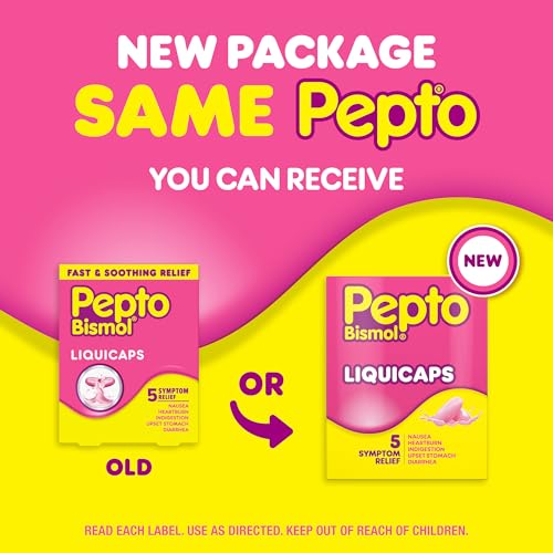 Image of Pepto Bismol Liquicaps, Upset Stomach Relief, Nausea Relief, Heartburn Relief, Indigestion Relief, Anti Diarrhea Medication for Adults - 5 Symptom Fast Relief, No Flavor, 48 ct