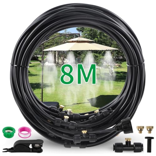 Wzzy Gurden Brumisateur Terrasse Exterieur, Kit d’Irrigation Système de Brumisateur Extérieur 8M avec eau 10 Buses de Brume avec Joint en T